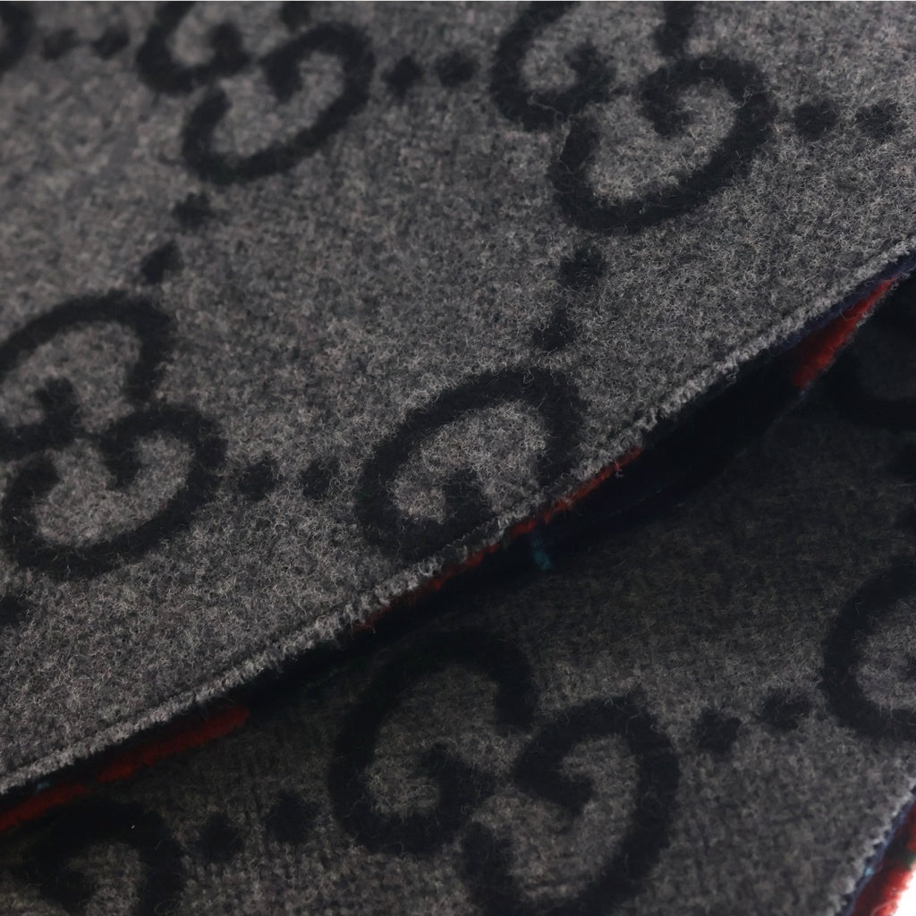 GUCCI(グッチ) チェックGG柄リバーシブルウールカシミヤマフラー レッド×ブルー×グレー 863216 タグ