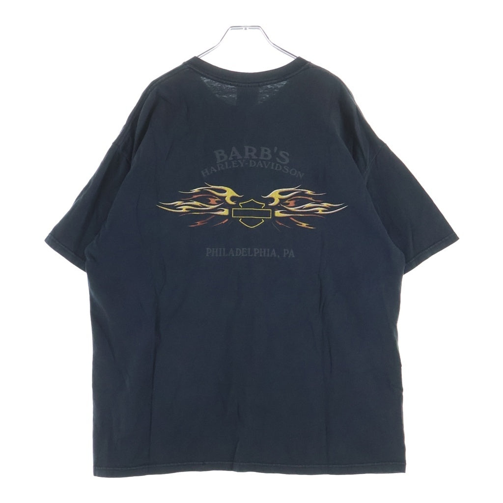 HARLEY DAVIDSON(ハーレーダビッドソン) USA製 ファイヤーパターン ロゴ両面プリント フロントポケットTシャツ 半袖カットソー ブラック