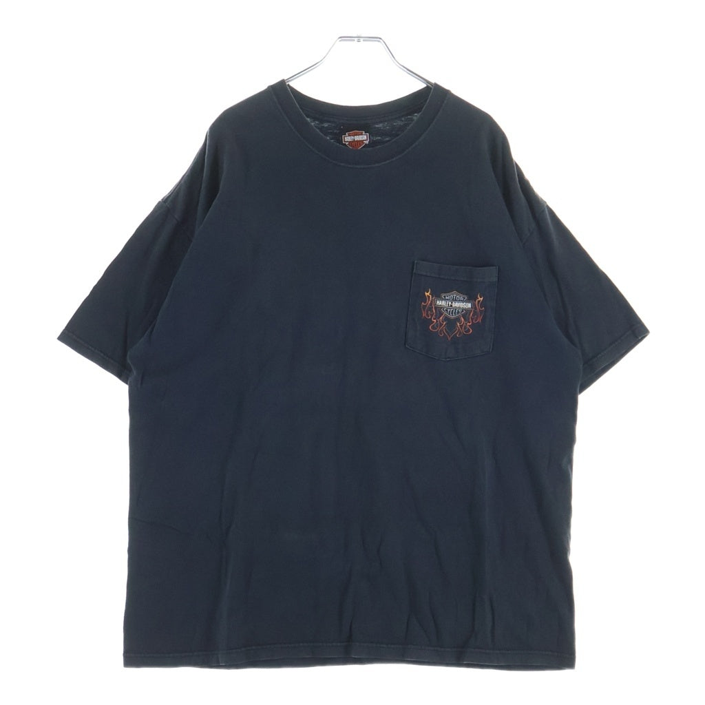 HARLEY DAVIDSON(ハーレーダビッドソン) USA製 ファイヤーパターン ロゴ両面プリント フロントポケットTシャツ 半袖カットソー ブラック