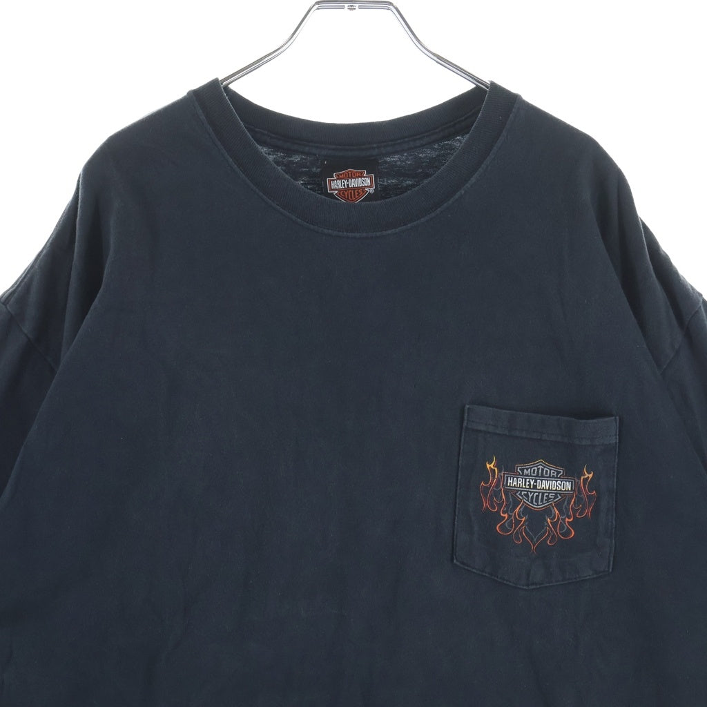 HARLEY DAVIDSON(ハーレーダビッドソン) USA製 ファイヤーパターン ロゴ両面プリント フロントポケットTシャツ 半袖カットソー ブラック