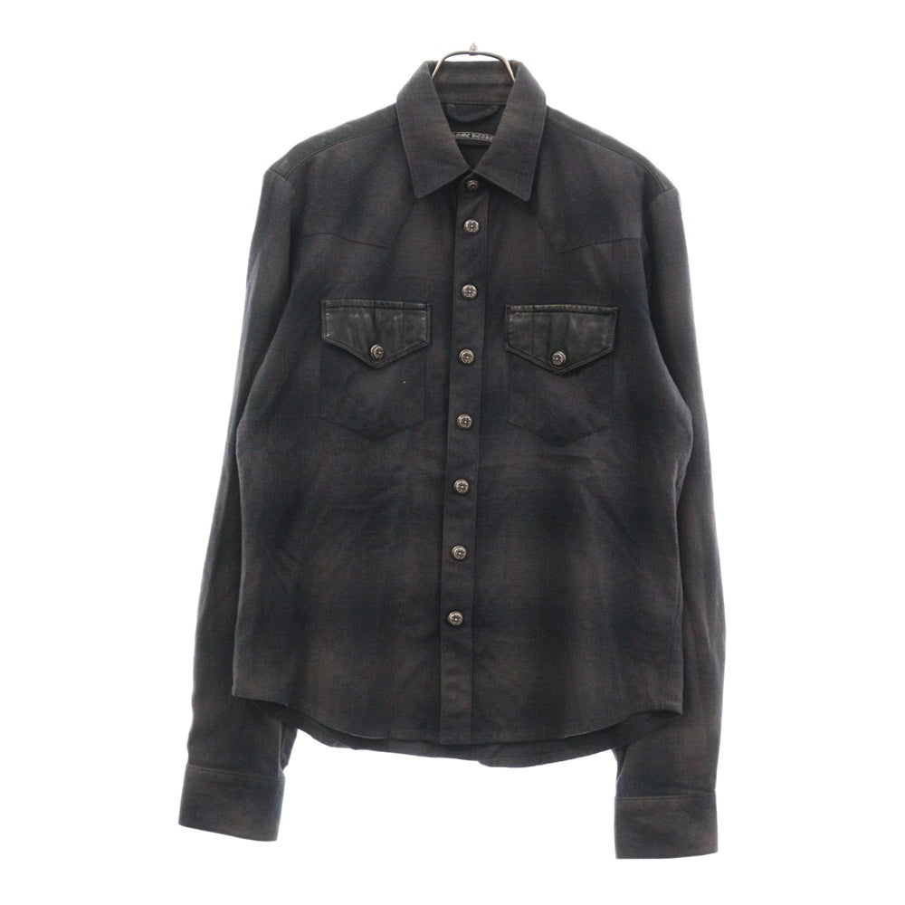 CHROME HEARTS(クロムハーツ) WESTN ウエスタンフローラルボール ボタン レザー切り替え袖クロスパッチ長袖チェック シャツJVPタグオールド ブラック