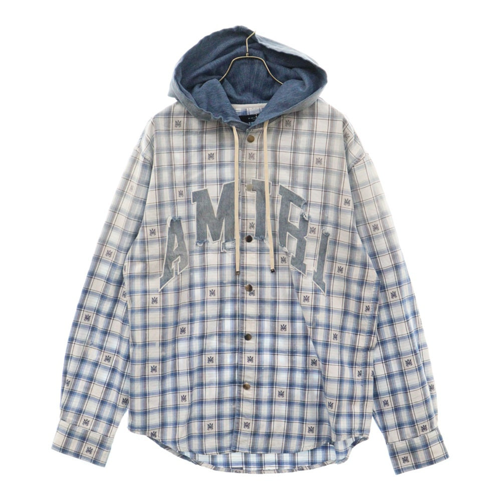 AMIRI(アミリ) 24AW Hooded Overshirt フロントロゴ刺繍 フードシャツ ブルー HOODED OVERSHIRT / CERULEAN