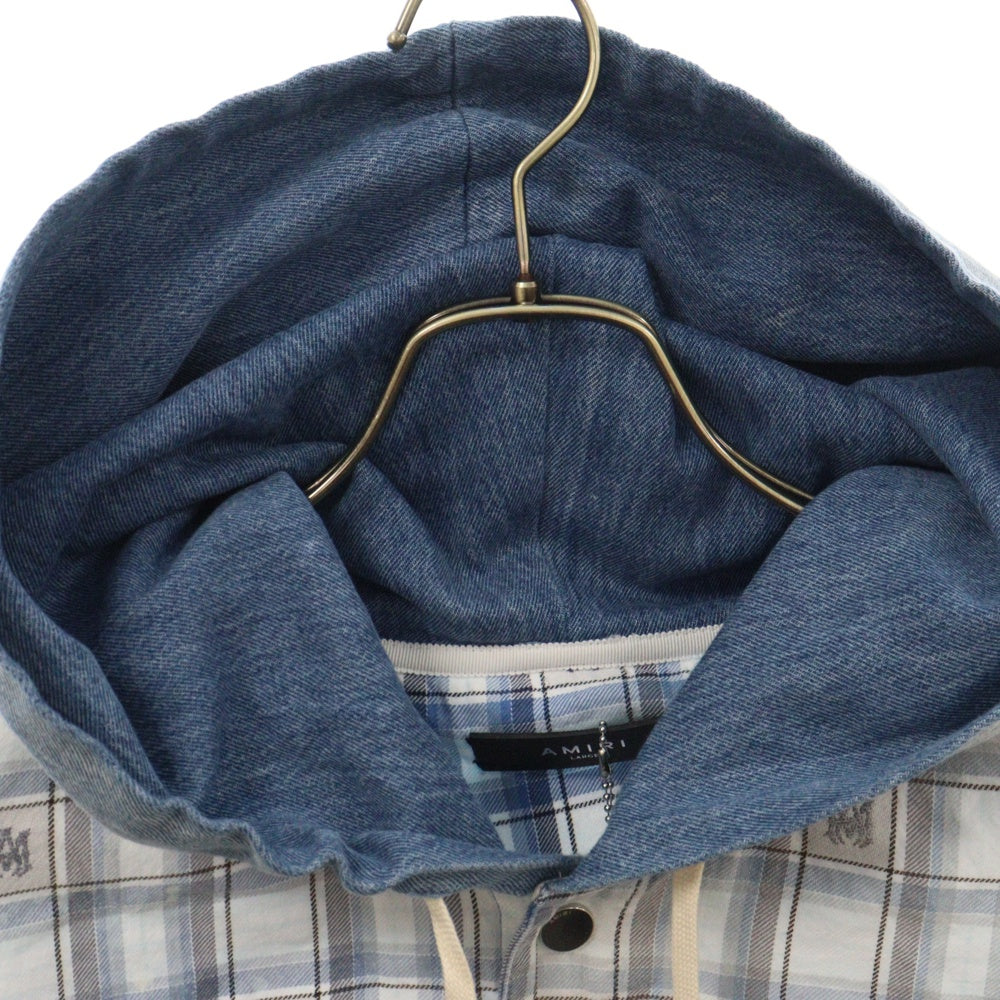 AMIRI(アミリ) 24AW Hooded Overshirt フロントロゴ刺繍 フードシャツ ブルー HOODED OVERSHIRT / CERULEAN