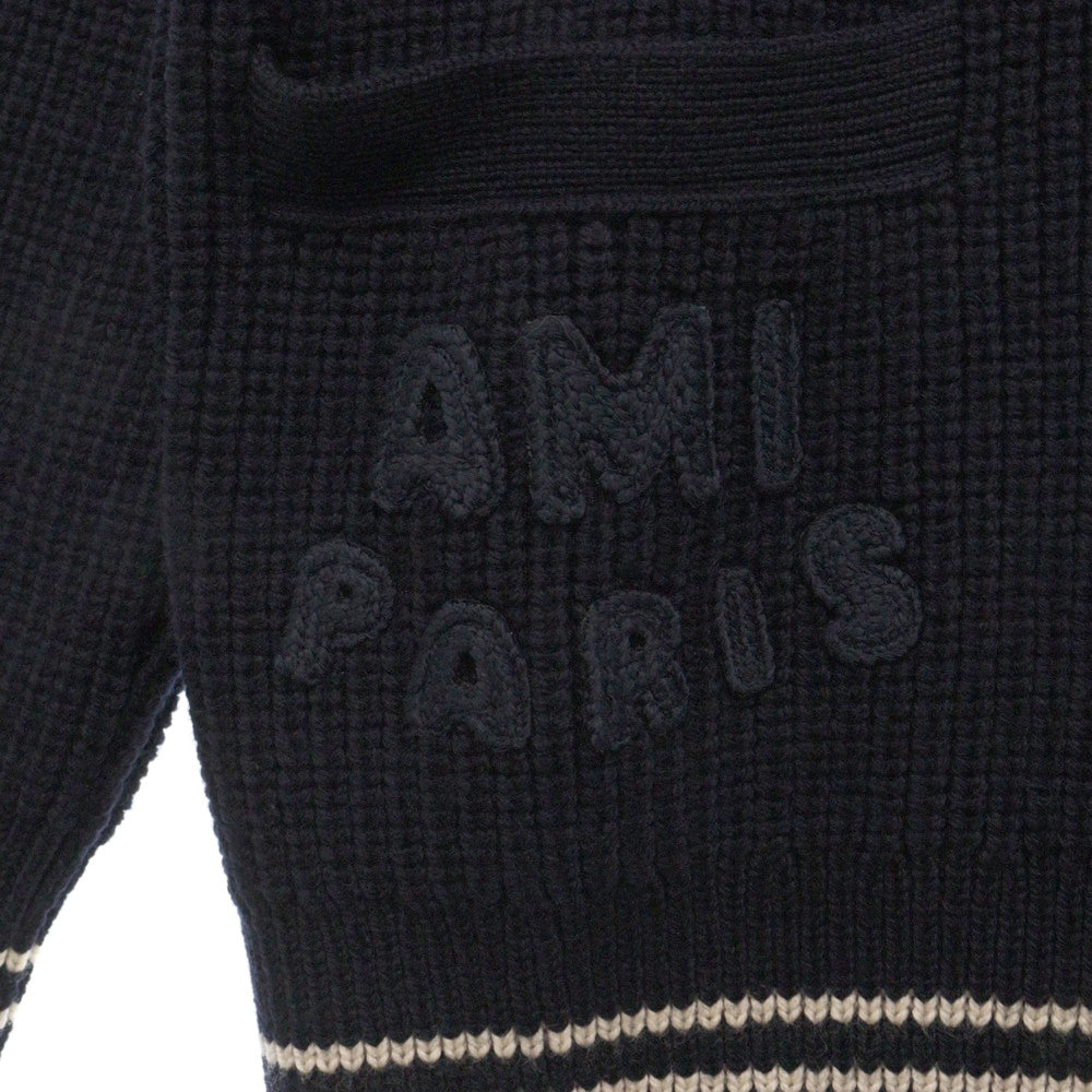 AMI Alexandre Mattiussi(アミアレクサンドルマテュッシ) カレッジリブウール カーディガン ワッペンロゴ オーバーサイズ E25UKC168 ネイビー
