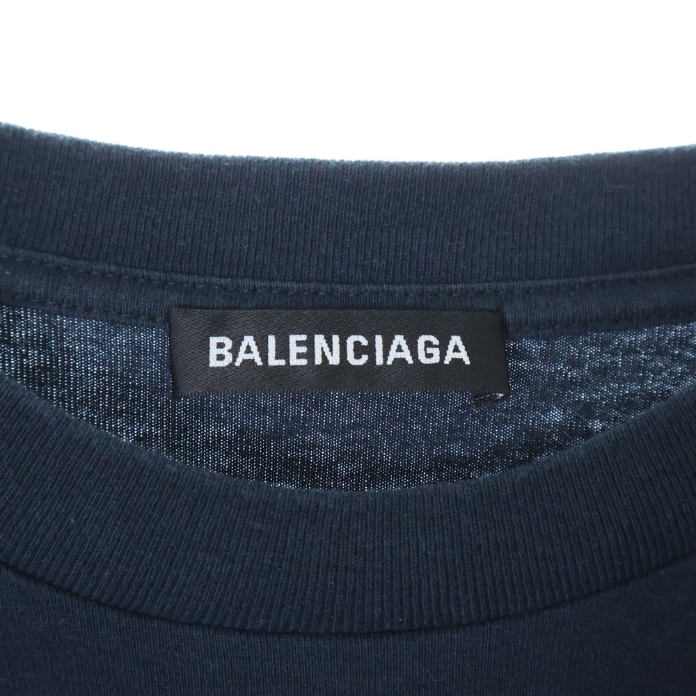 BALENCIAGA(バレンシアガ) 19AW 583917 TFV04 裾 ロゴタグ付 アシンメトリー 半袖 Tシャツ ダークネイビー