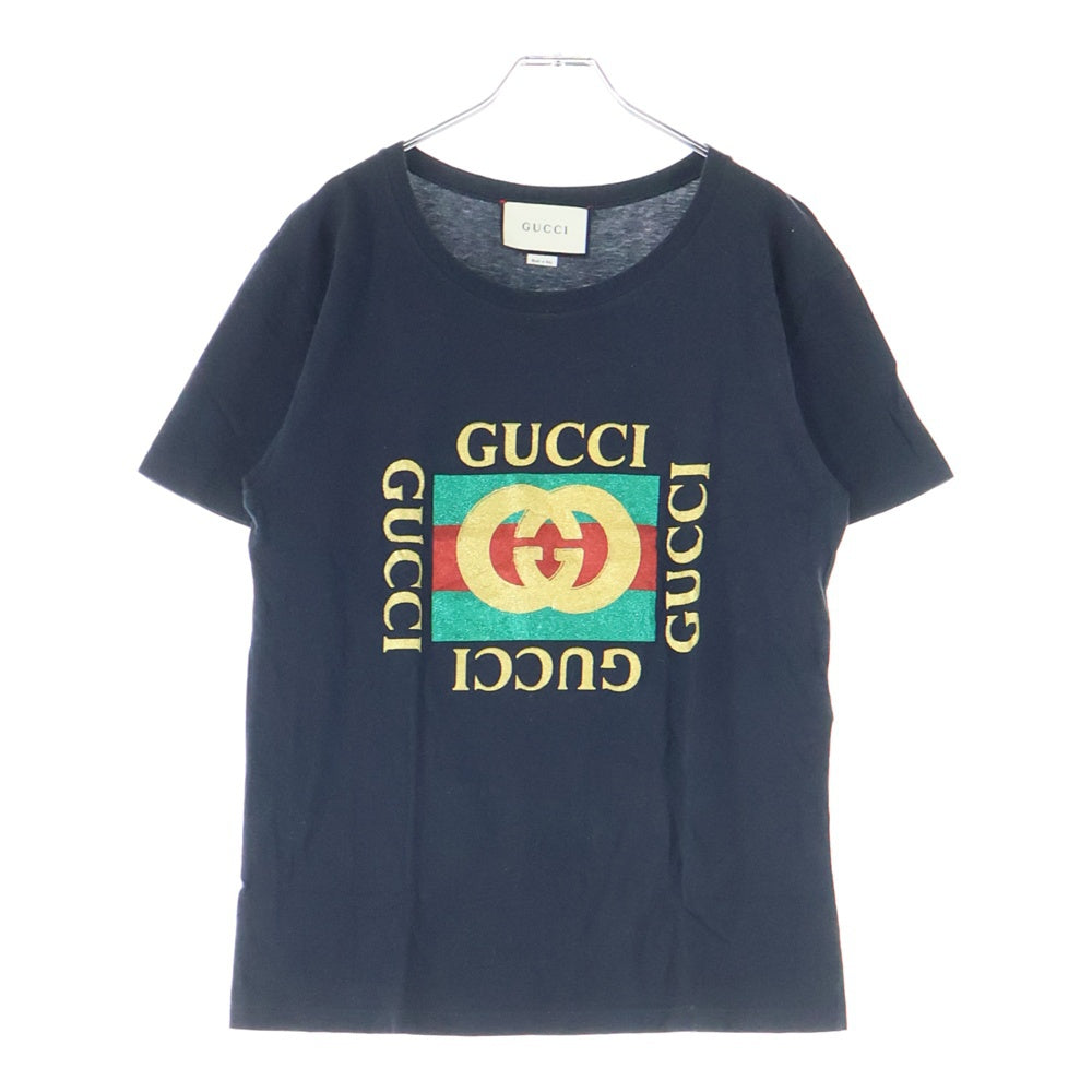 GUCCI(グッチ) Vintage Glitter Logo Print T-shirt ヴィンテージグリッターロゴプリント半袖Tシャツ カットソー ブラック 493117 X3H07