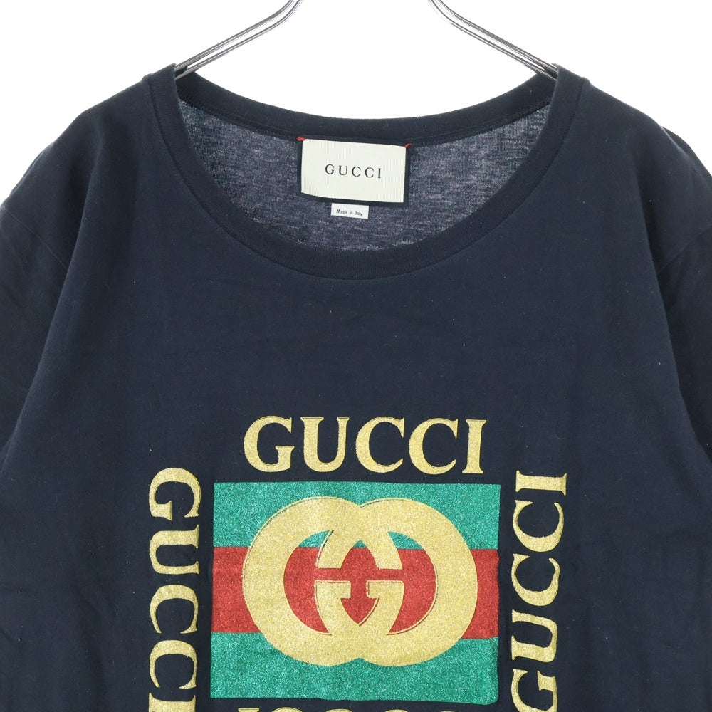 GUCCI(グッチ) Vintage Glitter Logo Print T-shirt ヴィンテージグリッターロゴプリント半袖Tシャツ カットソー ブラック 493117 X3H07