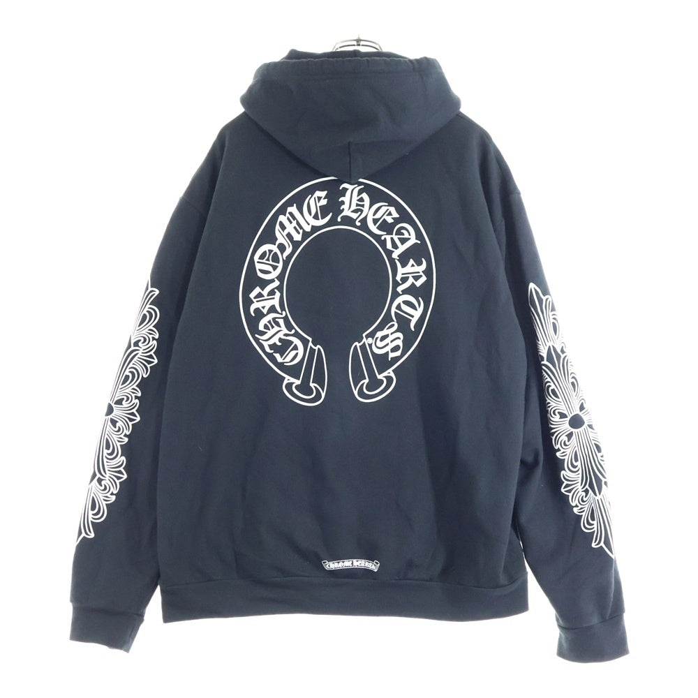 CHROME HEARTS(クロムハーツ) SWTSHRT PLVR 袖フローラルバックホースシュープリントプルオーバーパーカー ブラック/ホワイト