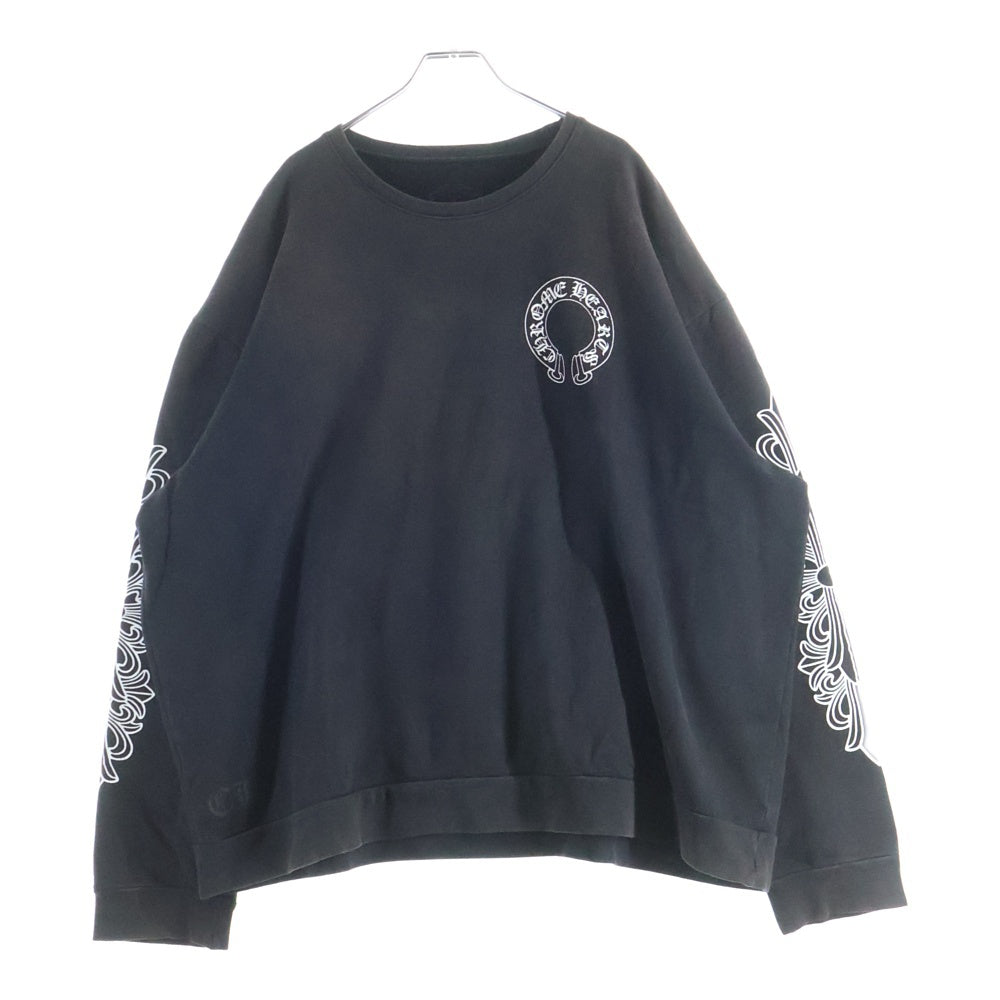CHROME HEARTS(クロムハーツ) Horseshoe Crewneck Sweatshirt ホースシュープリント 袖フローラル クルーネックスウェットトレーナー ブラック
