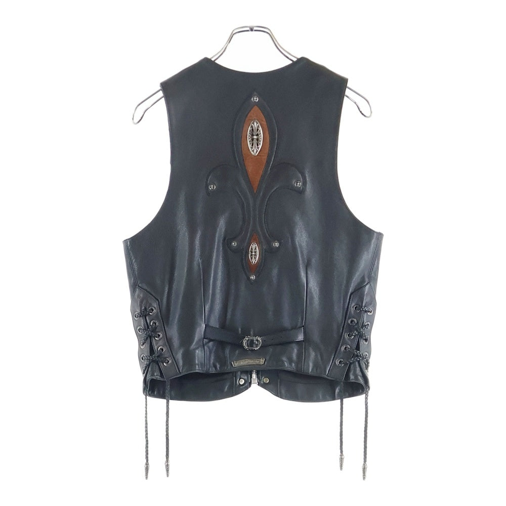 CHROME HEARTS(クロムハーツ) 6BTN ZIP FRNT CH FLEUR VEST バックCHフレアクロスボールボタンレザーベスト ブラック/ブラウン
