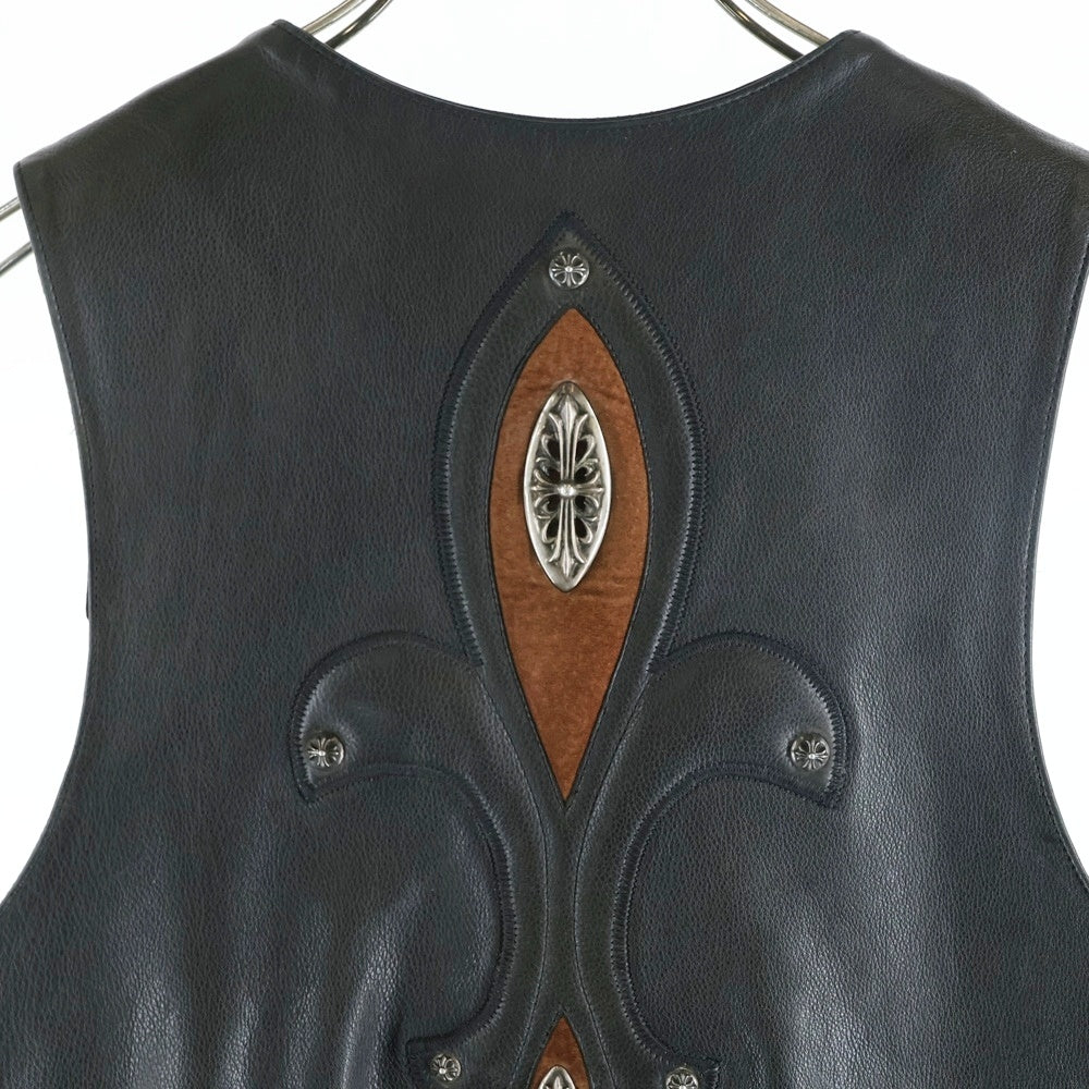 CHROME HEARTS(クロムハーツ) 6BTN ZIP FRNT CH FLEUR VEST バックCHフレアクロスボールボタンレザーベスト ブラック/ブラウン