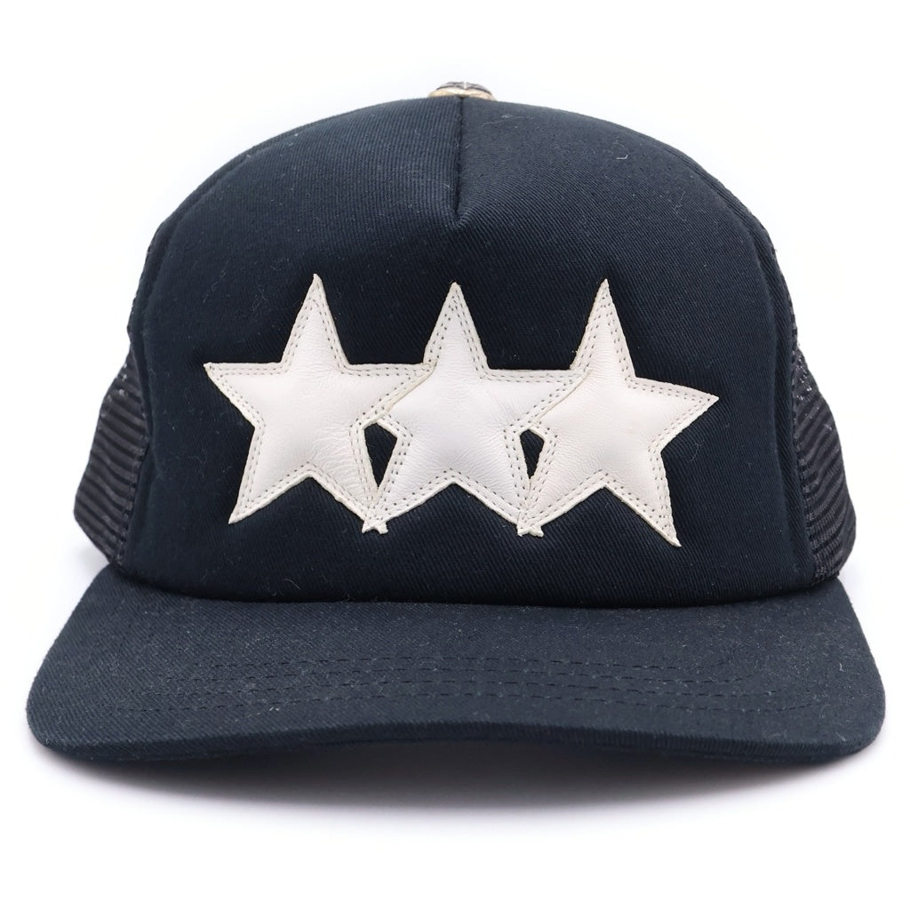 CHROME HEARTS(クロムハーツ) 3STAR PATCH TRUCKER CAP スターレザーパッチ スターボール付 ブラック ベースボールキャップ 帽子 ブラック/ホワイト