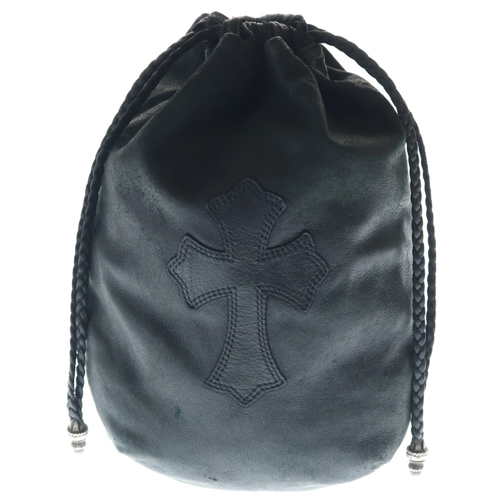 CHROME HEARTS(クロムハーツ) DRW STRNG SACK CRS PATCH クロスパッチドローストリングサックレザー巾着ハンドバッグ ブラック