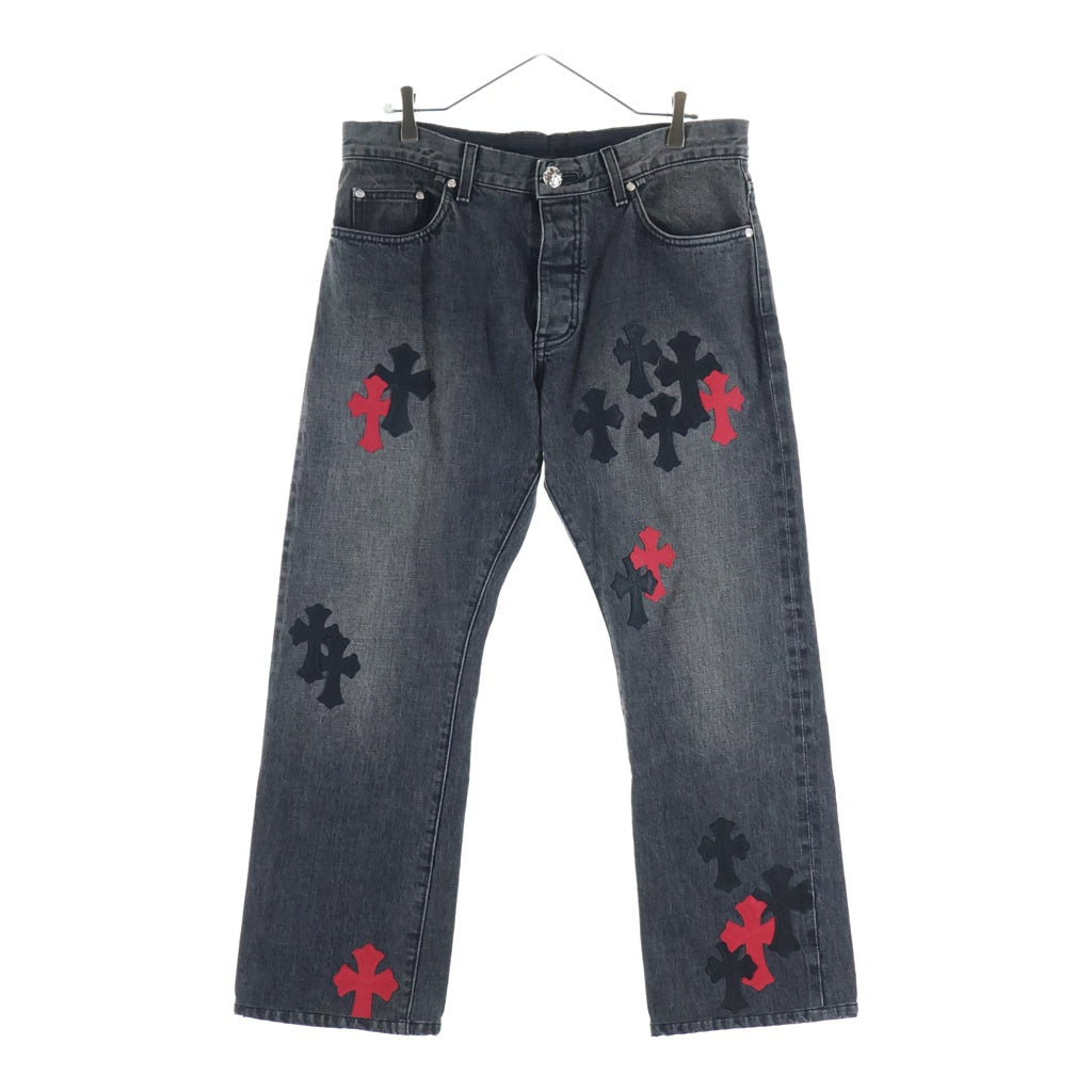 CHROME HEARTS(クロムハーツ) JEAN STRTLG FBRC Cross Leather Patch クロスパッチ ウォッシュドデニムパンツ ブラック