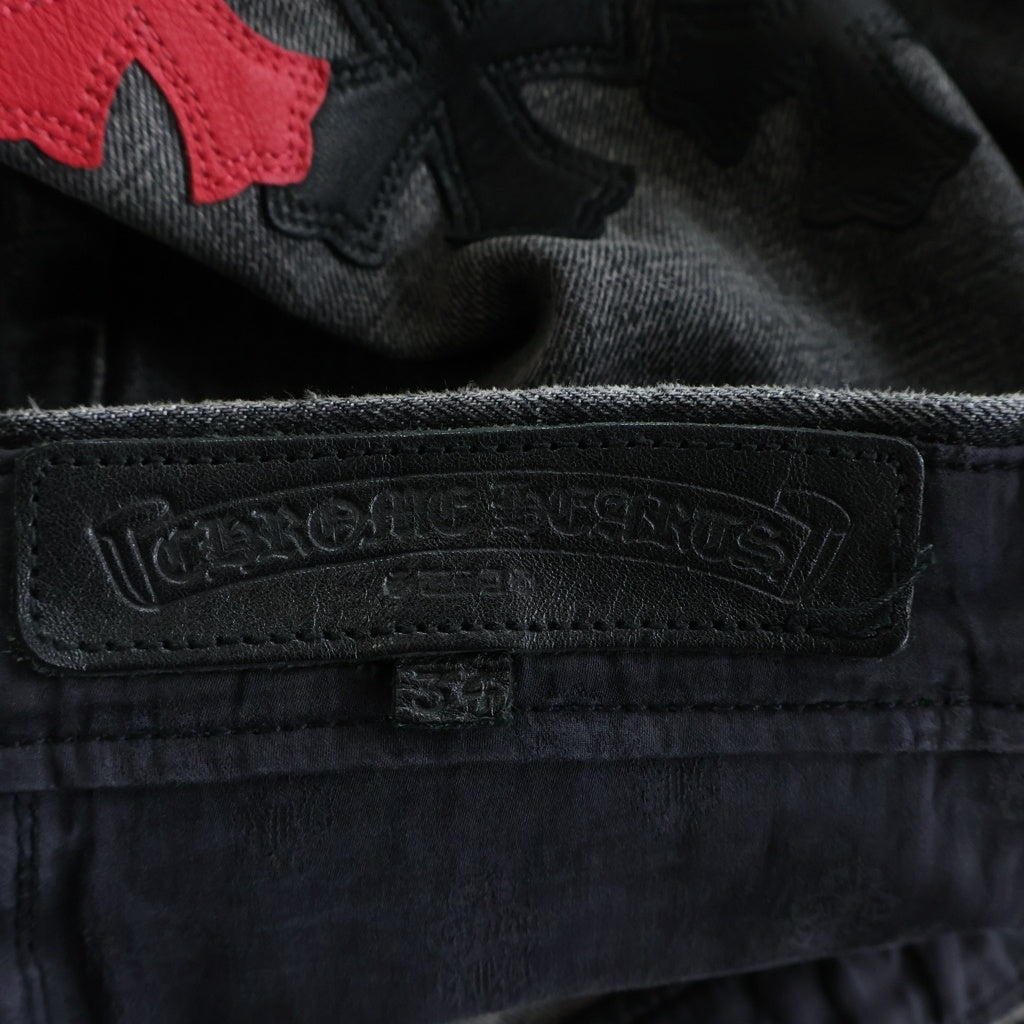 CHROME HEARTS(クロムハーツ) JEAN STRTLG FBRC Cross Leather Patch クロスパッチ ウォッシュドデニムパンツ ブラック