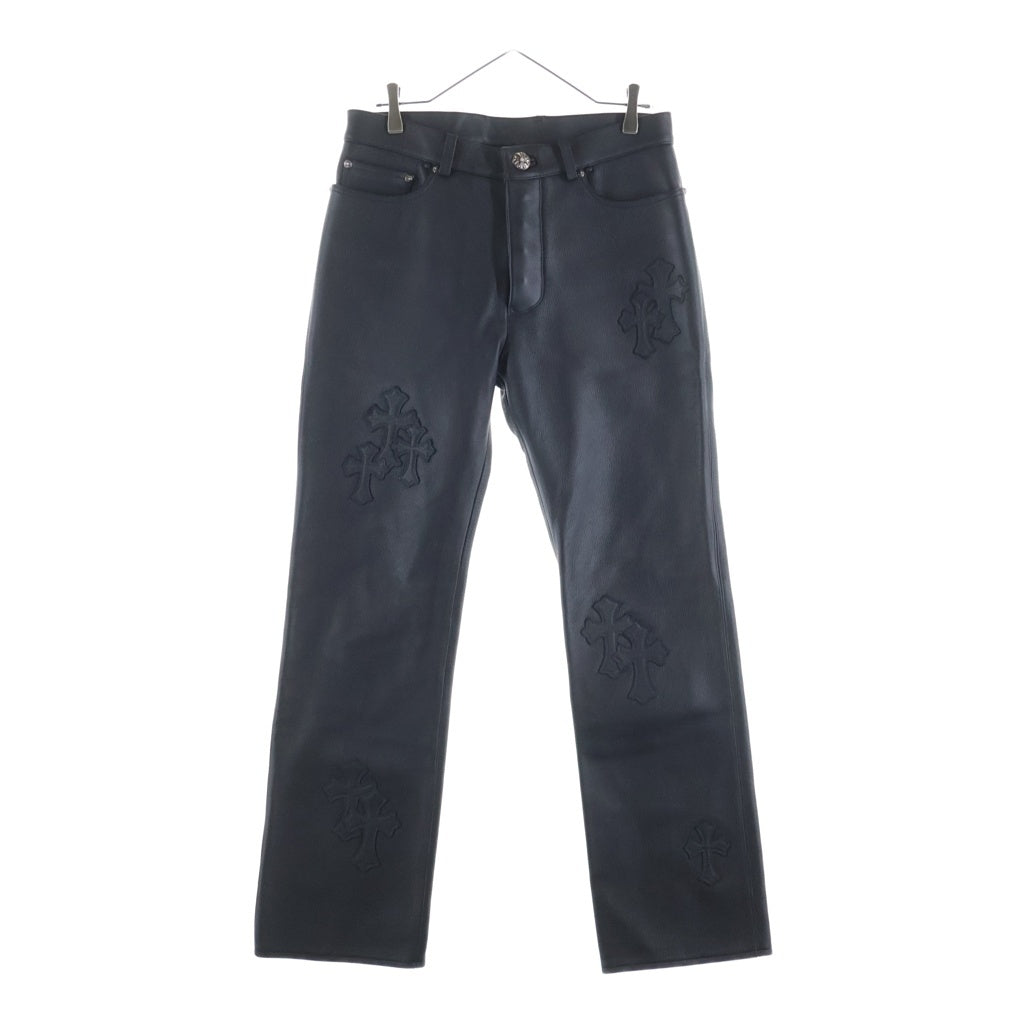CHROME HEARTS(クロムハーツ) JEAN STRTLG LTHR クロスパッチ付きレザーロングパンツ ブラック ‐