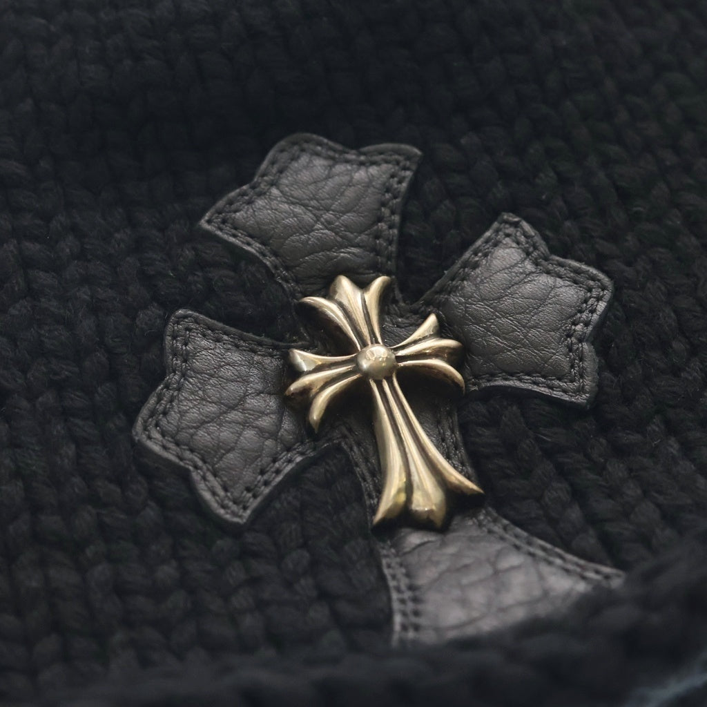 CHROME HEARTS(クロムハーツ) BEANIE CASH レザーパッチビーニー クロスパッチクロスボールスモールCHクロス付カシミヤ帽子 ブラック/シルバー
