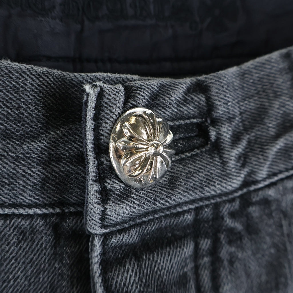 CHROME HEARTS(クロムハーツ) JEAN SL FLEURKNEE クロスパッチ付きフレアニーデニムパンツ ブラック/ホワイト