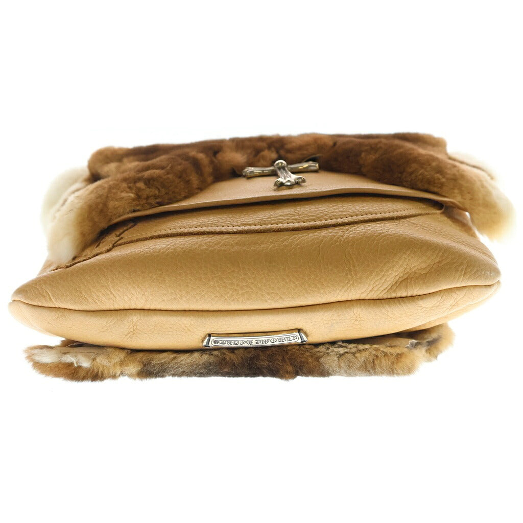 CHROME HEARTS(クロムハーツ) LRG CROSS FUR BAG セメタリークロスパッチ付き ラージクロスファーショルダーバック ベージュ/ブラウン/シルバー