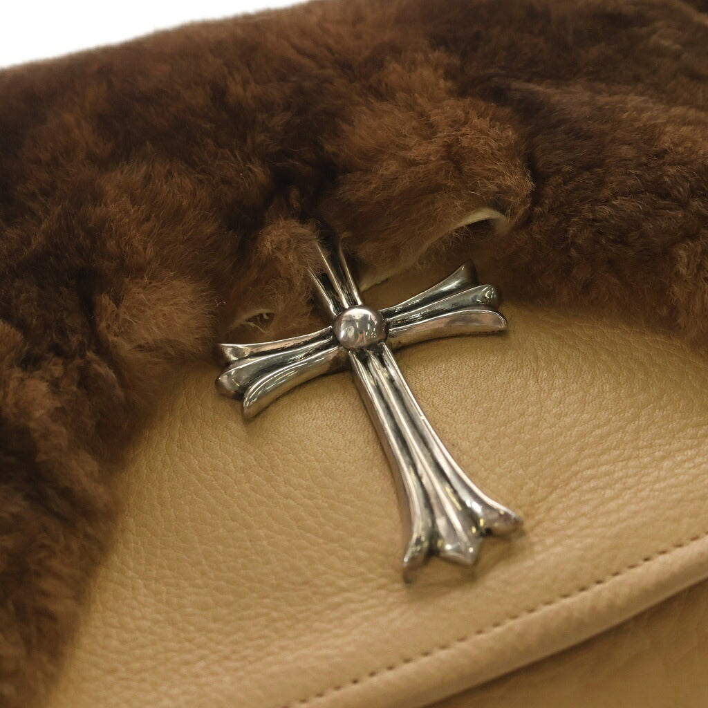 CHROME HEARTS(クロムハーツ) LRG CROSS FUR BAG セメタリークロスパッチ付き ラージクロスファーショルダーバック ベージュ/ブラウン/シルバー