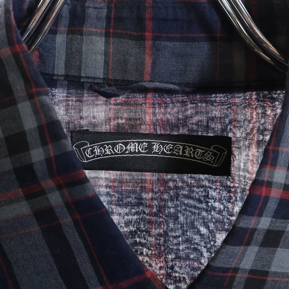 CHROME HEARTS(クロムハーツ) 袖BSフレア レザーパッチチェック柄長袖シャツ ネイビー/レッド