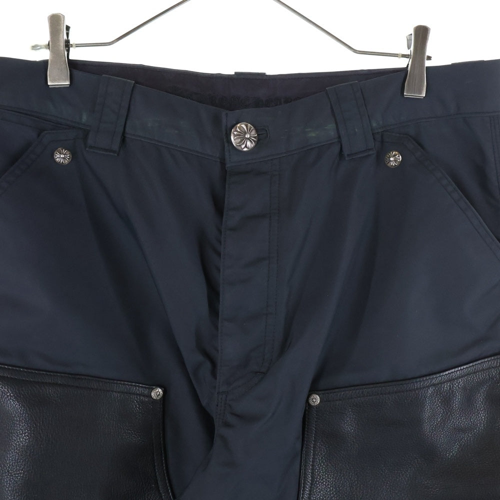 CHROME HEARTS(クロムハーツ) CARPENTER DOUBLE KNEE クロスパッチ付きレザー切替 ナイロンカーペンターロングパンツ ブラック