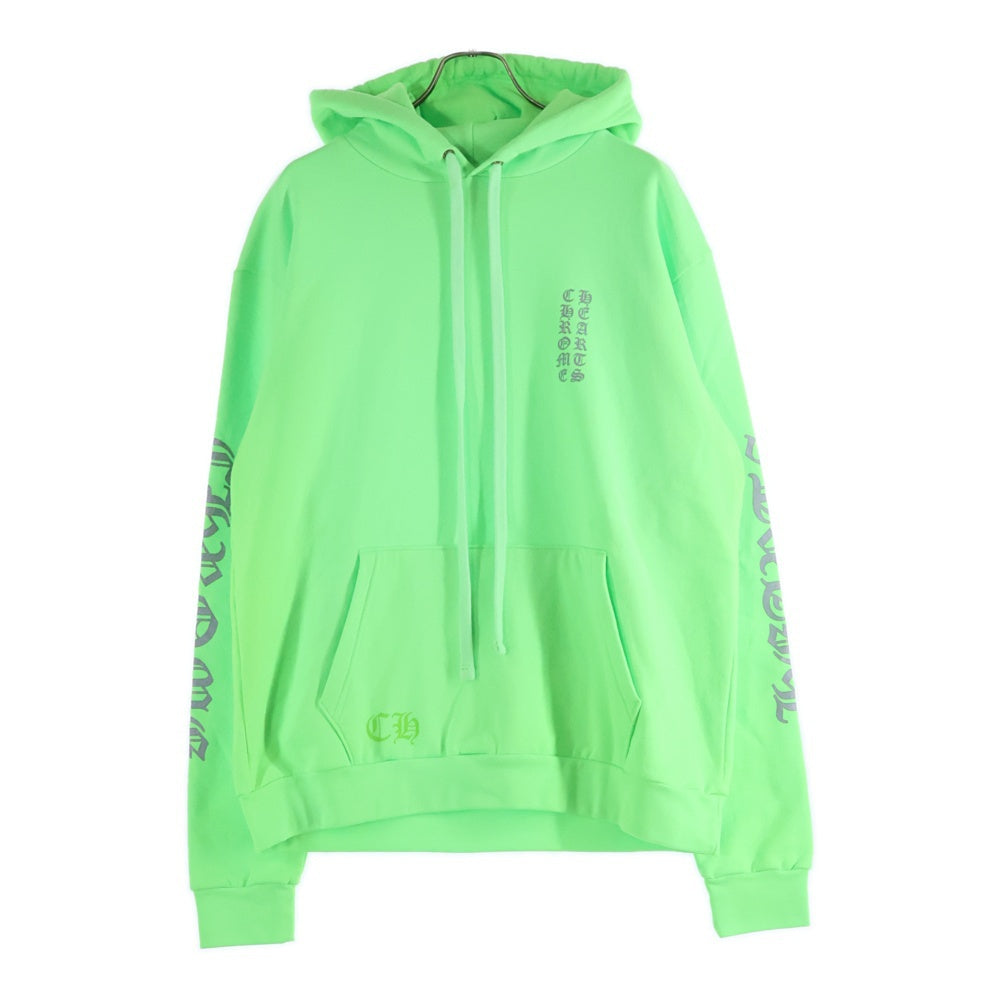 CHROME HEARTS(クロムハーツ) SWTSHRT HD PLVR LTD マイアミ限定 袖ロゴプリントプルオーバーパーカー ネオングリーン/シルバー
