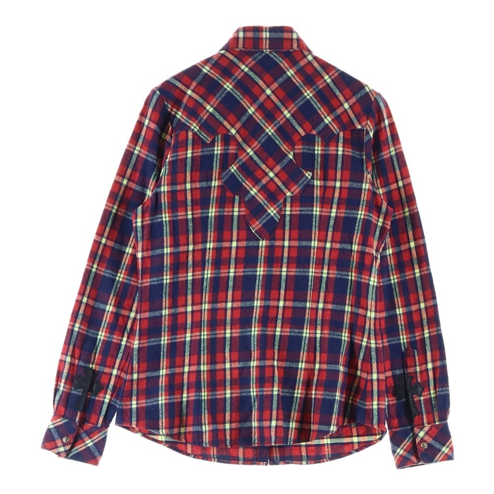 CHROME HEARTS(クロムハーツ) WESTN ウエスタン 袖レザークロスパッチ クロスボールボタンチェック長袖シャツ レッド