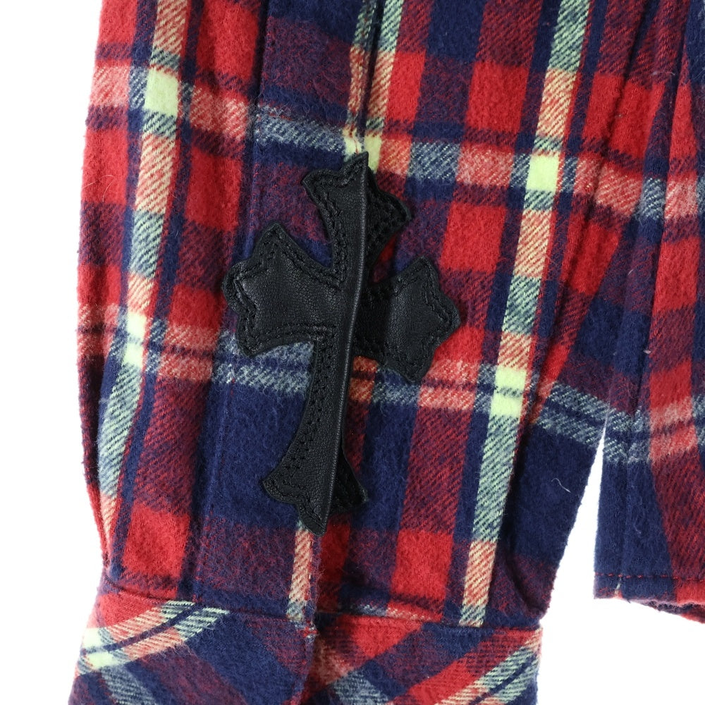 CHROME HEARTS(クロムハーツ) WESTN ウエスタン 袖レザークロスパッチ クロスボールボタンチェック長袖シャツ レッド
