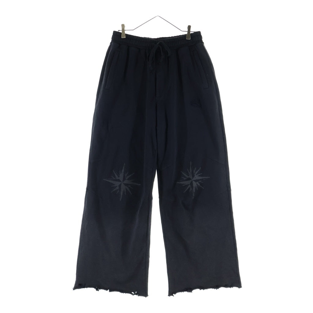 NO BRAND(ノーブランド) TROUBLED WATERS トラブルウォーター ダメージ加工プリントワイドスウェットパンツ ブラック