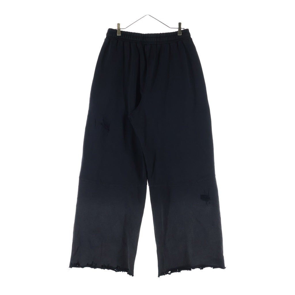 NO BRAND(ノーブランド) TROUBLED WATERS トラブルウォーター ダメージ加工プリントワイドスウェットパンツ ブラック