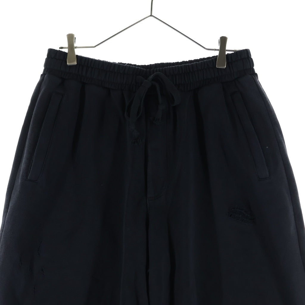 NO BRAND(ノーブランド) TROUBLED WATERS トラブルウォーター ダメージ加工プリントワイドスウェットパンツ ブラック