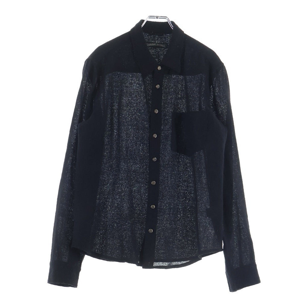 CHROME HEARTS(クロムハーツ) 袖レザークロスパッチ フローラルクロスボタン ヴァージンウール長袖シャツ ブラック