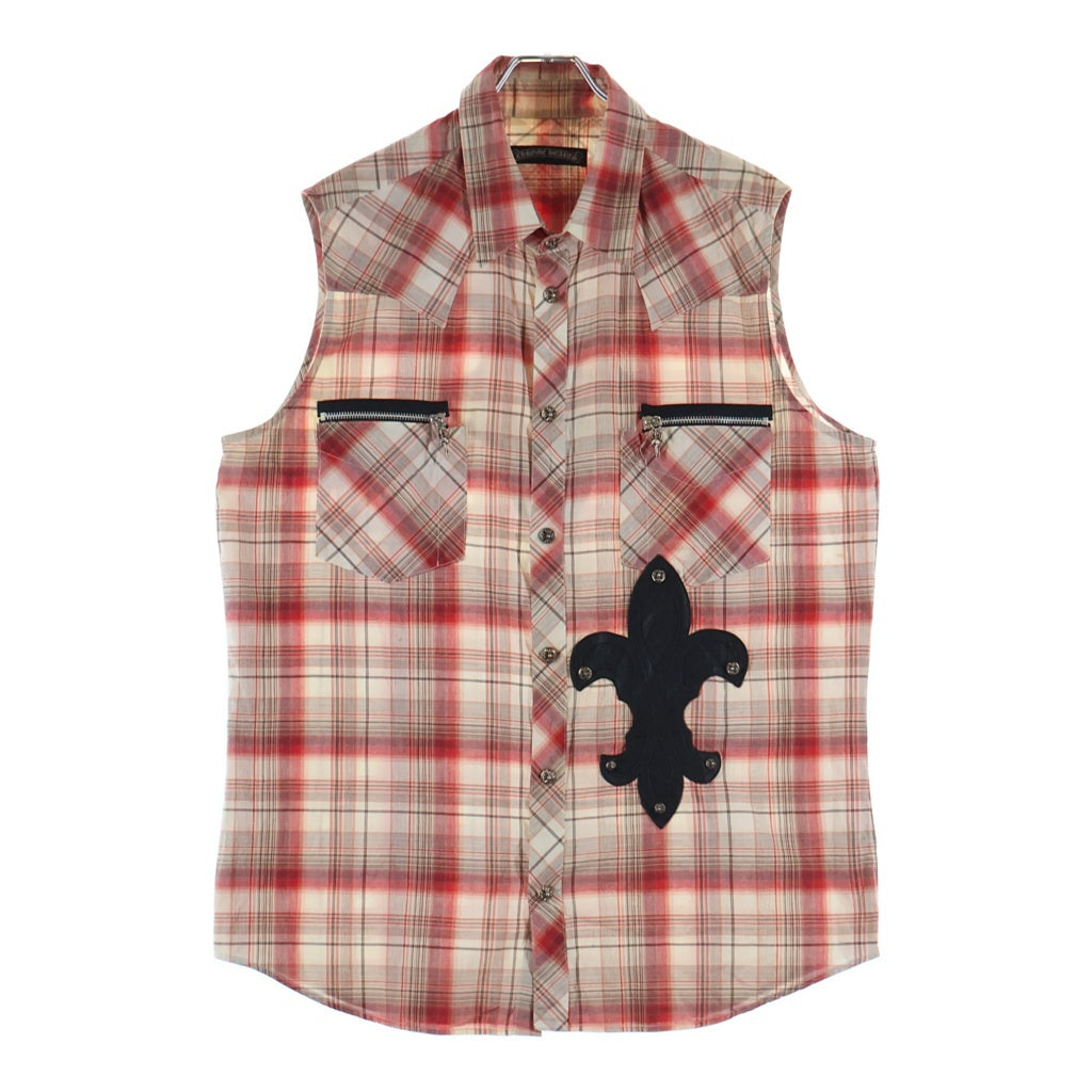 CHROME HEARTS(クロムハーツ) ラージBSフレアレザーパッチ付き プレイドチェックノースリーブシャツ レッド