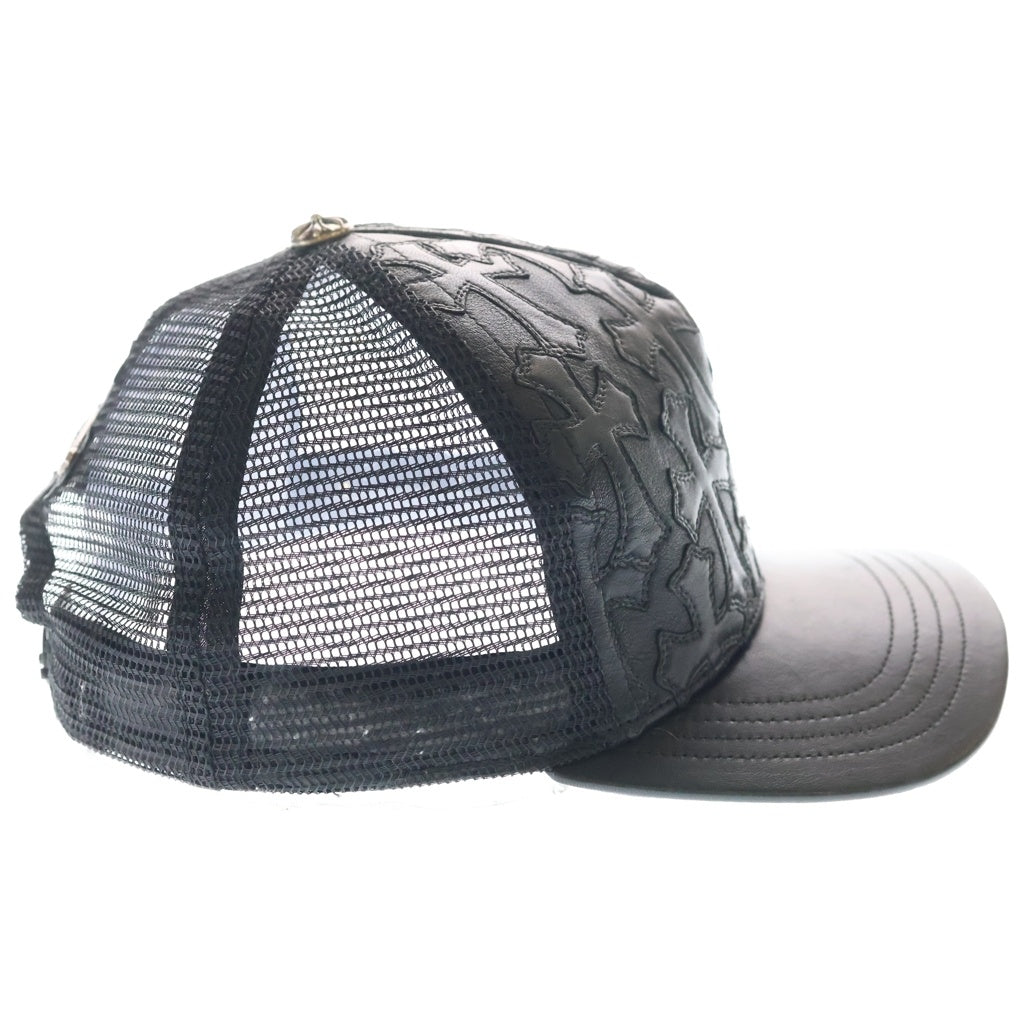 CHROME HEARTS(クロムハーツ) TRUCKER CAP CEME レザーセメタリークロスパッチ クロスボール付きメッシュキャップ 帽子 ブラック
