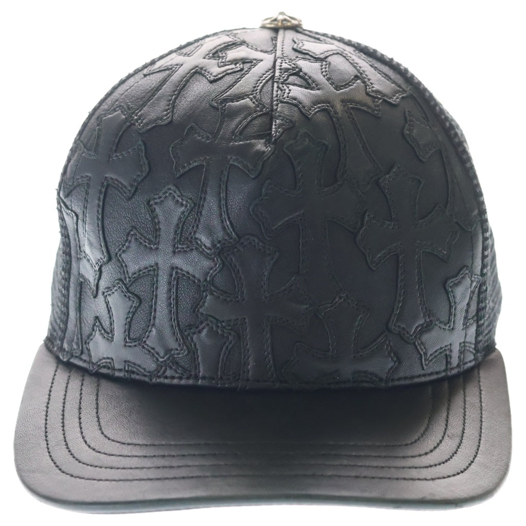 CHROME HEARTS(クロムハーツ) TRUCKER CAP CEME レザーセメタリークロスパッチ クロスボール付きメッシュキャップ 帽子 ブラック