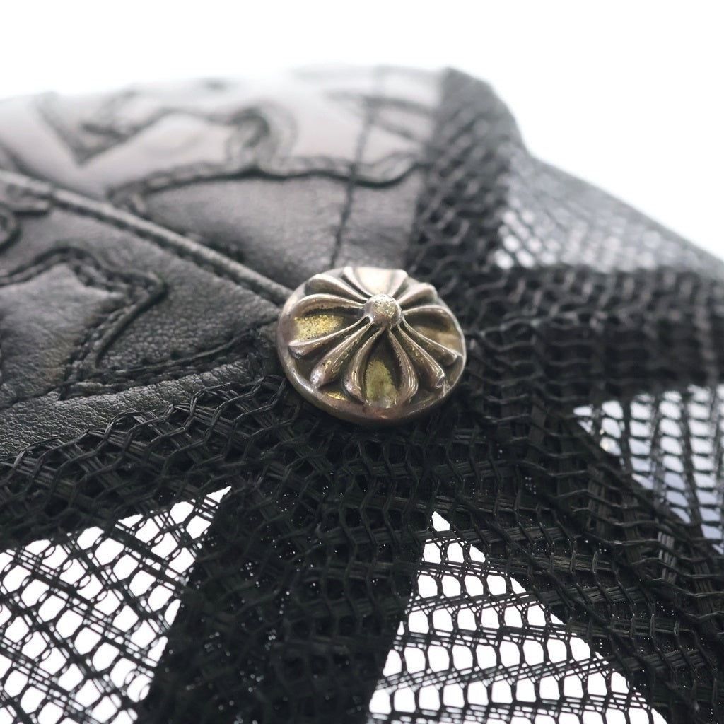 CHROME HEARTS(クロムハーツ) TRUCKER CAP CEME レザーセメタリークロスパッチ クロスボール付きメッシュキャップ 帽子 ブラック