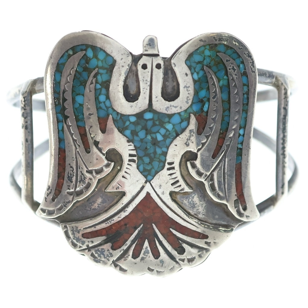 INDIAN JEWELRY(インディアンジュエリー) ナバホ族 HMIJ刻印 チップインレイサンダーバードバングル シルバー