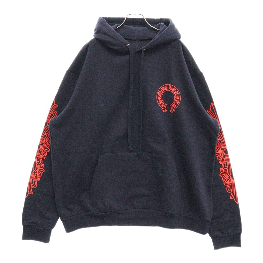 CHROME HEARTS(クロムハーツ) SWTSHRT PLVR プルオーバーパーカー 袖フローラルバックホースシューパーカー ネイビー/レッド