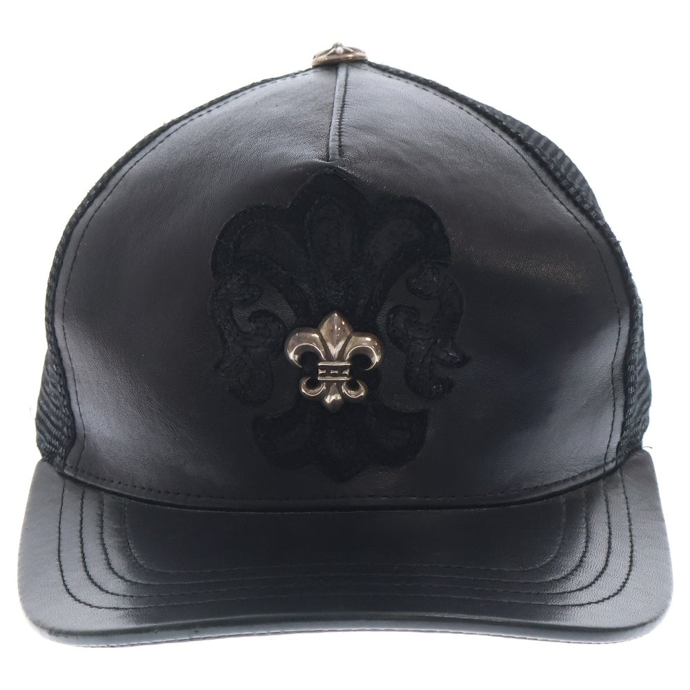CHROME HEARTS(クロムハーツ) BS FLEUR LEATHER MESH CAP BSフレア スクロールラベル付き レザーメッシュキャップ ブラック
