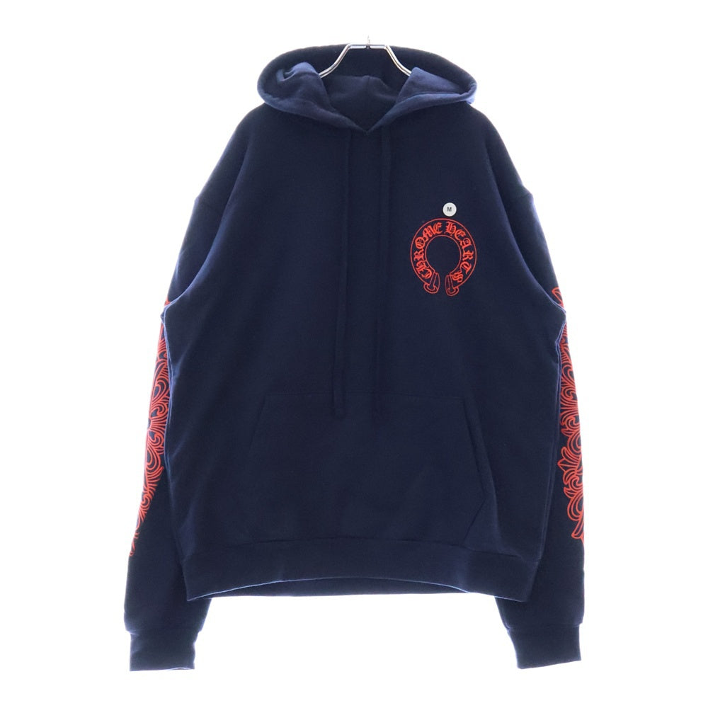 CHROME HEARTS(クロムハーツ) SWTSHRT PLVR プルオーバーパーカー 袖フローラルバックホースシューパーカー ネイビー/レッド