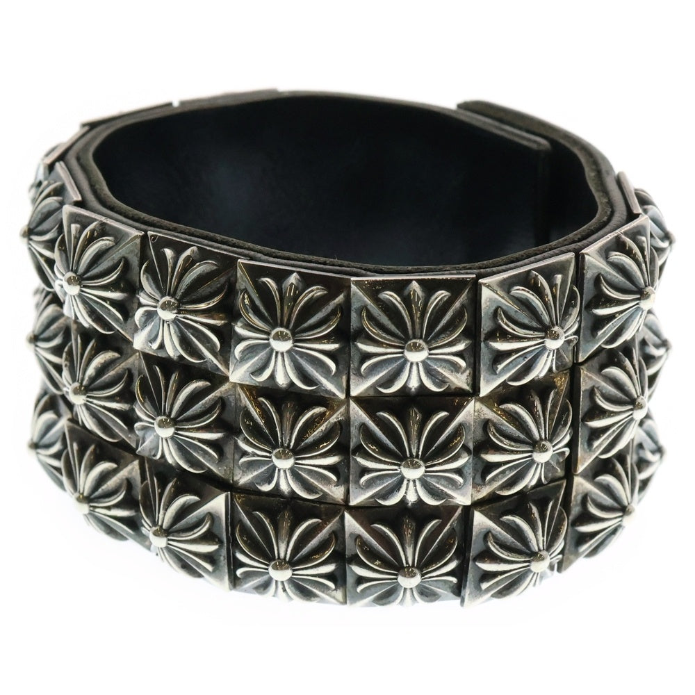 CHROME HEARTS(クロムハーツ) ZERO X3 PYRAMID STUDS TRIPLE ROW ゼロスタッズ トリプルピラミッド ロウ レザーブレスレッド バングル シルバー/ブラック