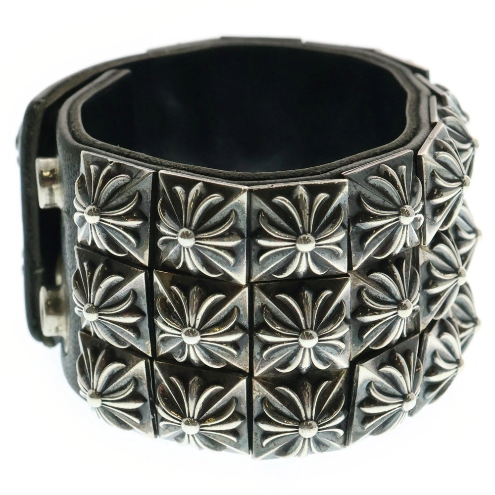 CHROME HEARTS(クロムハーツ) ZERO X3 PYRAMID STUDS TRIPLE ROW ゼロスタッズ トリプルピラミッド ロウ レザーブレスレッド バングル シルバー/ブラック