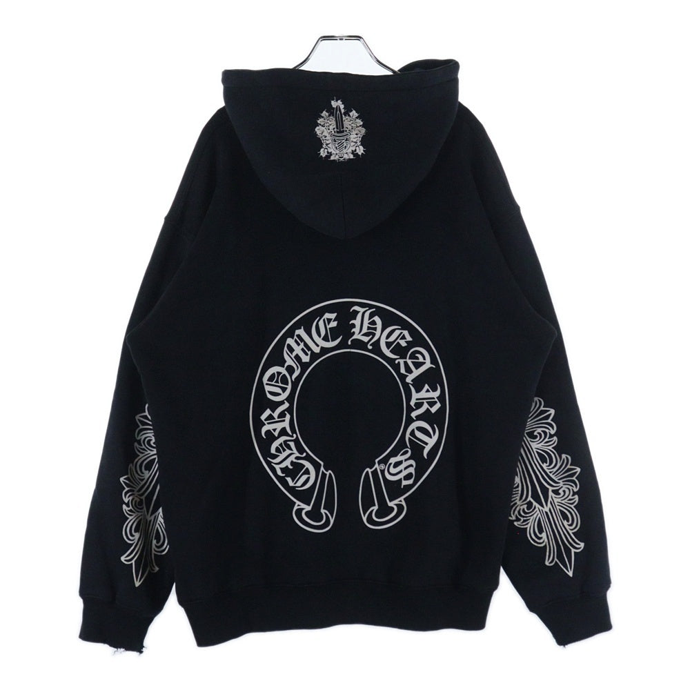 CHROME HEARTS(クロムハーツ) OLD HORSESHOE HOODIE オールド ホースシュー 袖フローラルプリント サーマル裏地 ダガー プルオーバーパーカー ブラック