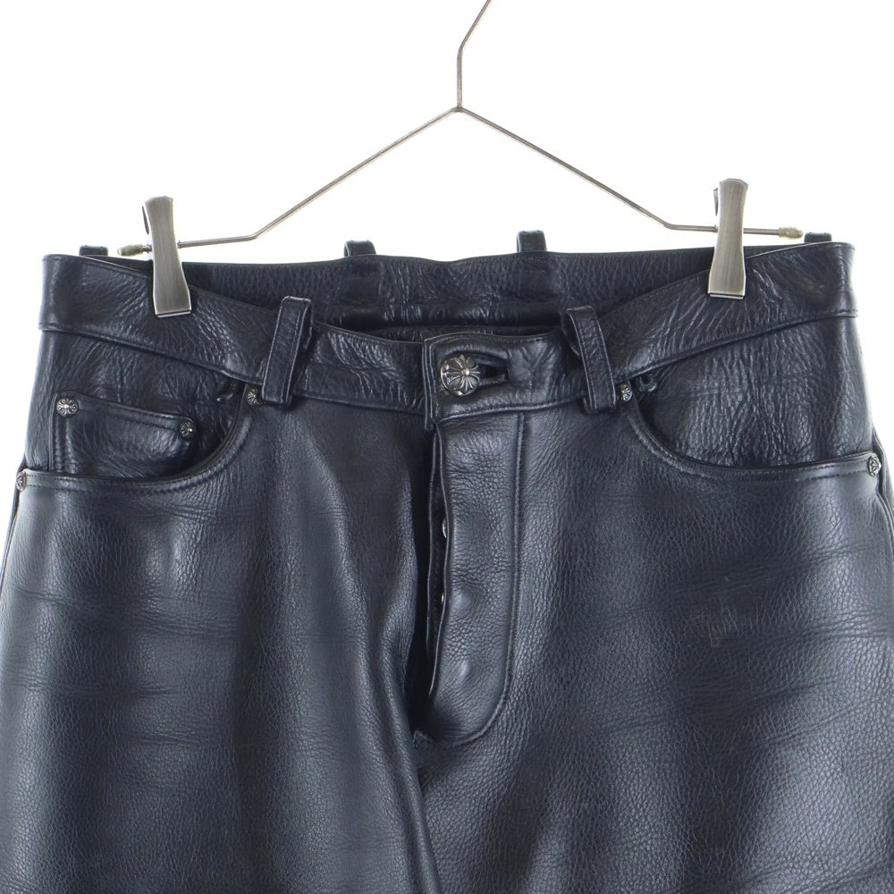 CHROME HEARTS(クロムハーツ) LTHR PANTS クロスボールボタン 5ポケット フレアニー ボタンフライ レザー ストレートパンツ ブラック