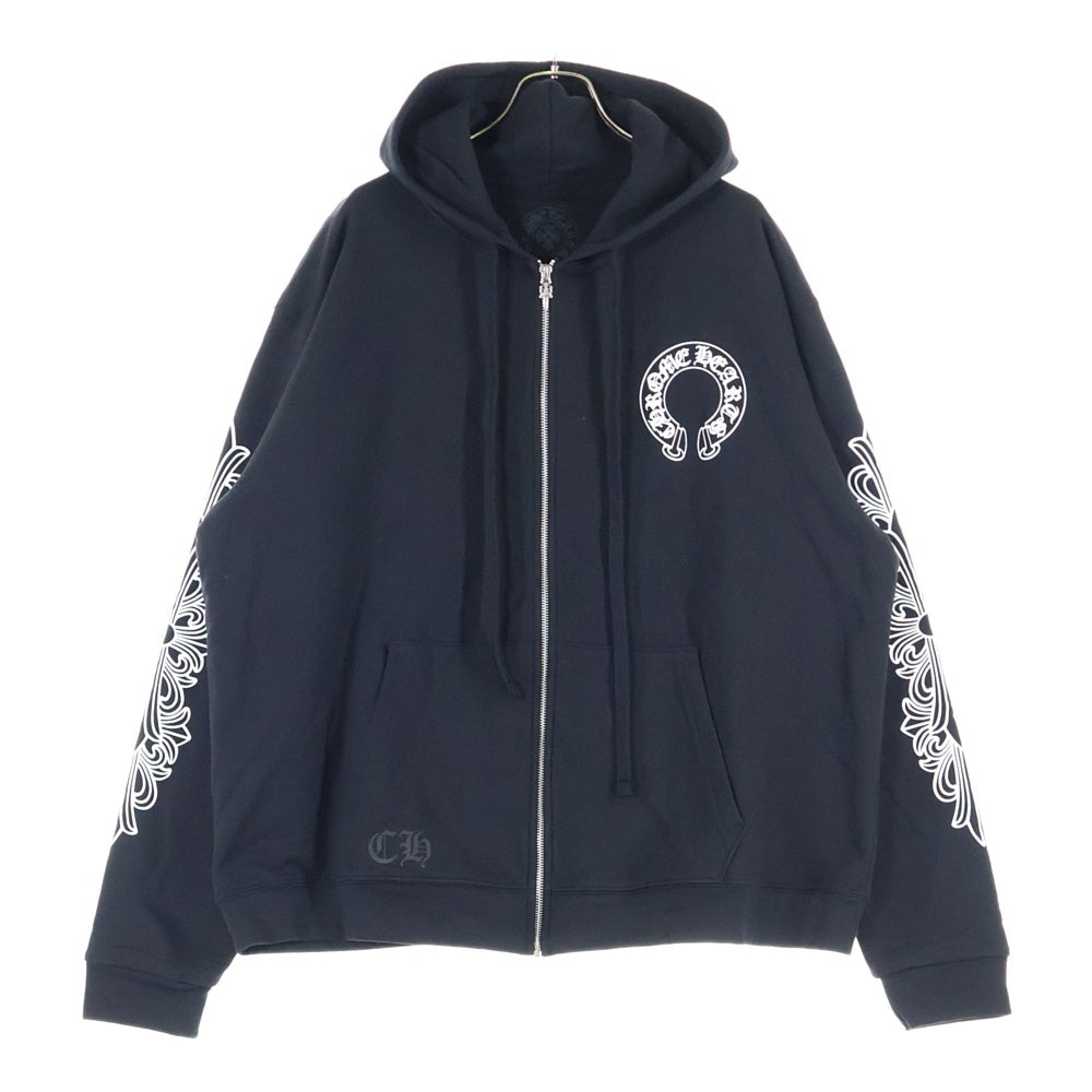 CHROME HEARTS(クロムハーツ) THRML HD ZIP 裏地サーマルジップ 袖フローラルバックホースシュープリントジップパーカー ブラック