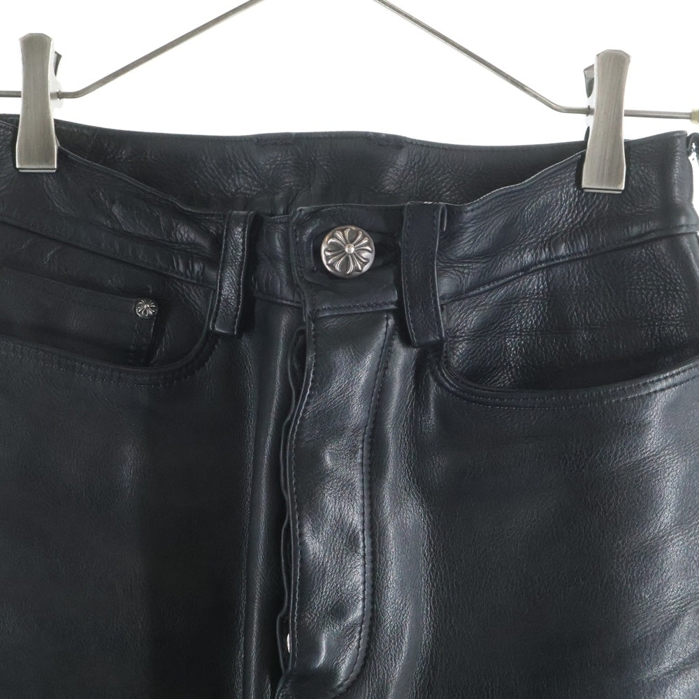 CHROME HEARTS(クロムハーツ) LTHR PANTS クロスボールボタン 5ポケット フレアニー ボタンフライ レザー ストレートパンツ ブラック