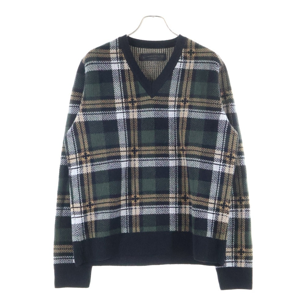 CHROME HEARTS(クロムハーツ) BIG CITY CH PLS カシミヤ混 チェック柄 Vネックウールニット マルチ