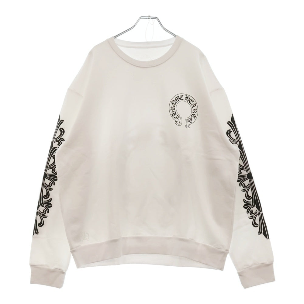 CHROME HEARTS(クロムハーツ) Horseshoe Crewneck Sweatshirt ホースシュープリント 袖フローラル クルーネックスウェットトレーナー ホワイト