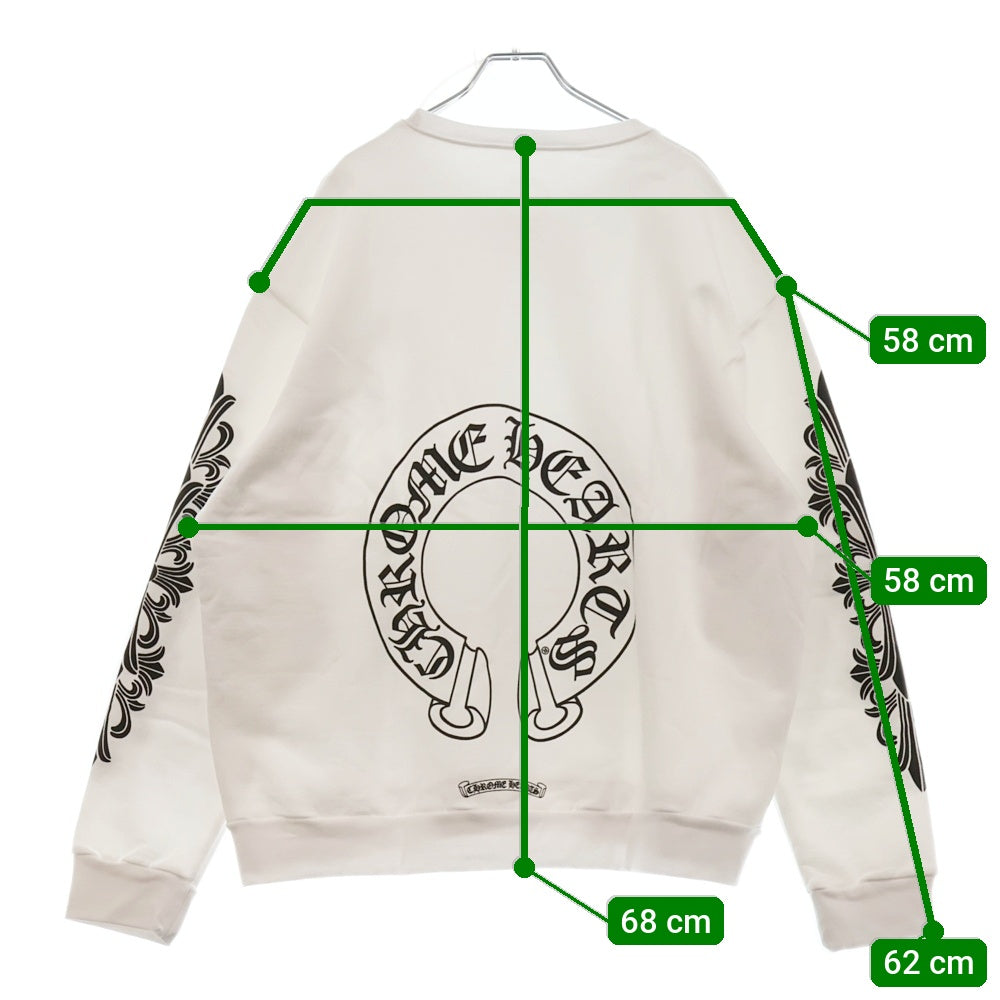 CHROME HEARTS(クロムハーツ) Horseshoe Crewneck Sweatshirt ホースシュープリント 袖フローラル クルーネックスウェットトレーナー ホワイト